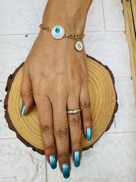 White Evil eye Bracelet with Alphabet