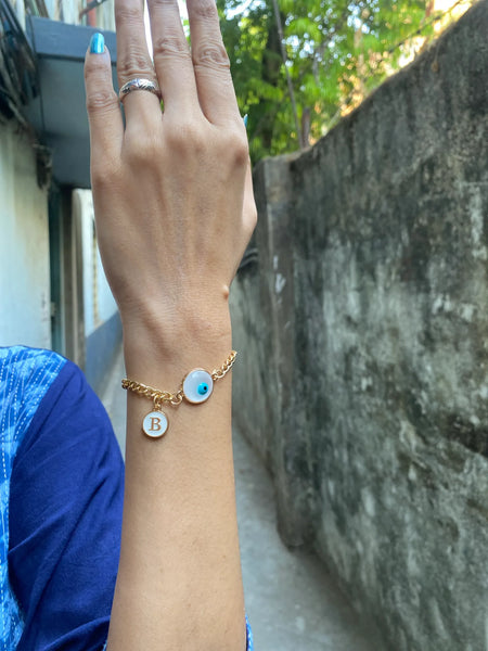 White Evil eye Bracelet with Alphabet