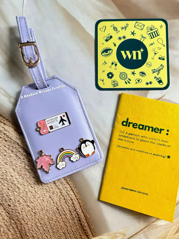 Adventure Awaits Maple Leaf Cloud Penguin Lavender Luggage Tag