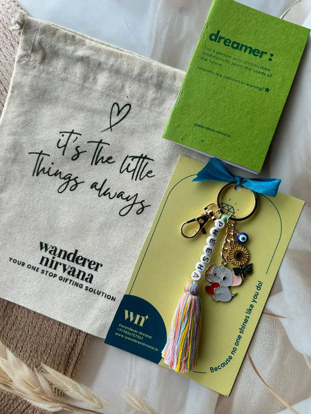 Personalised Name Boho Keychain with Sunflower Evileye Elephant