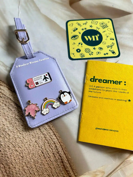 Adventure Awaits Maple Leaf Cloud Penguin Lavender Luggage Tag