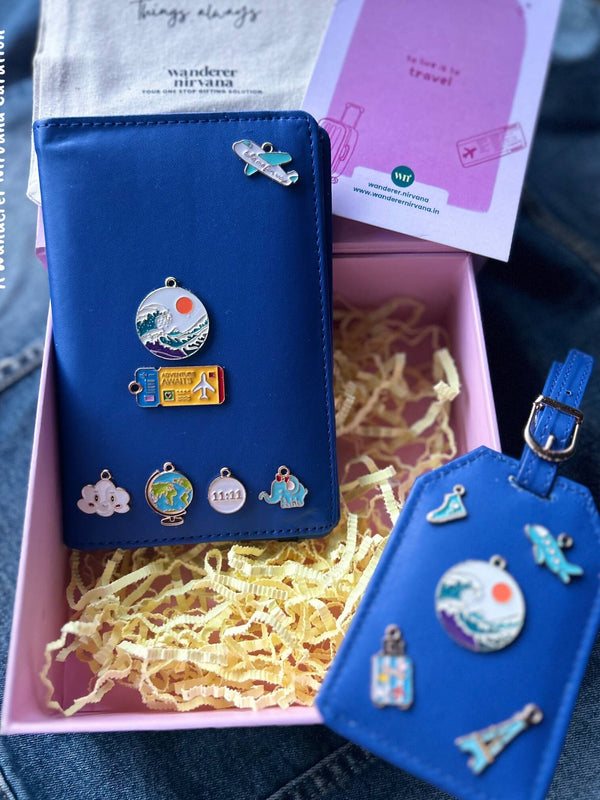 Royal blue Travel around the world luggage tag and Passport cover