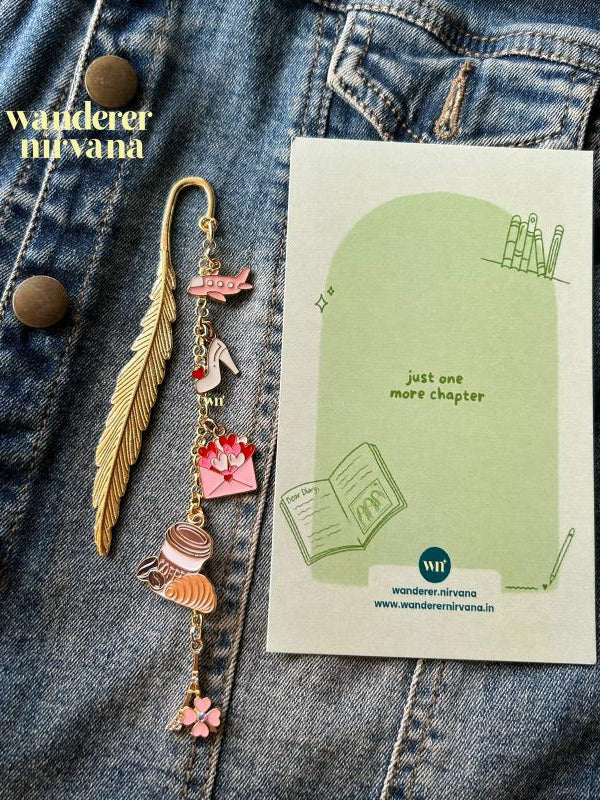 Love Letters & Layovers — Pink Travel-Themed Feather Bookmark