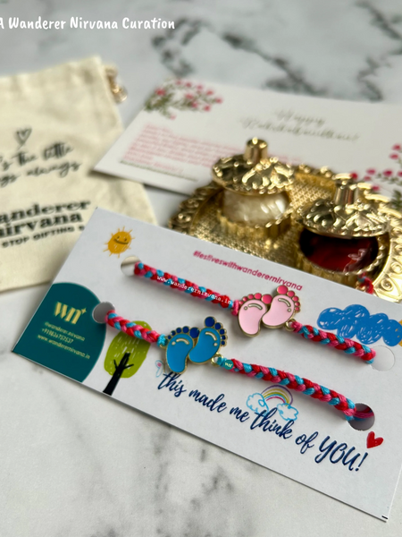 Twin Set Rakhi Blessings Combo | Handmade Baby Feet Rakhi Set for Twins & Parents-to-Be