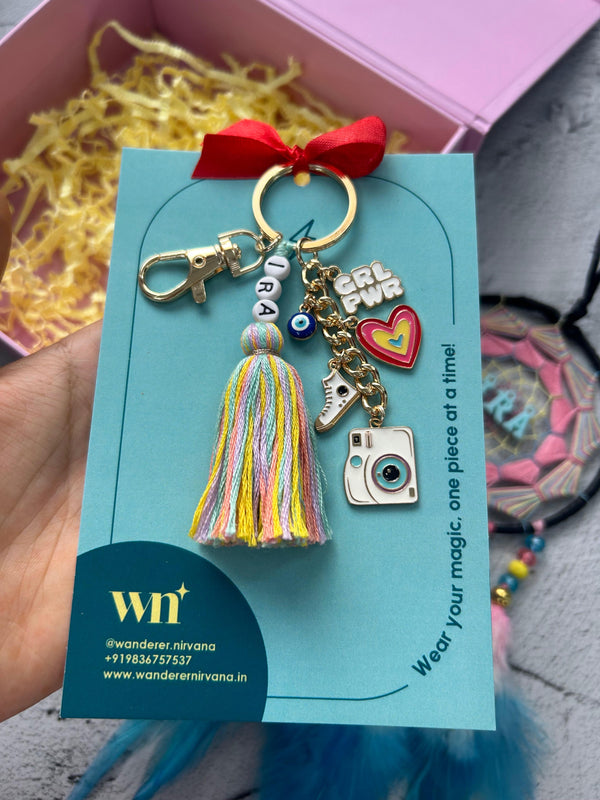Camera GirlPower heart evil eye name boho Keychain