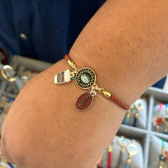 Brown Adjustable Luxe Band featuring Coffee Cup, Evil Eye and Coffee Bean charms.