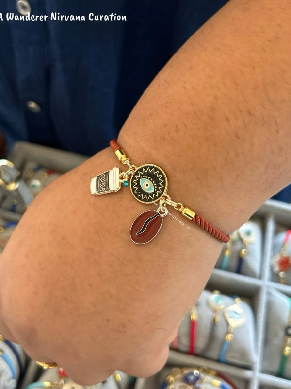 Brown Adjustable Luxe Band featuring Coffee Cup, Evil Eye and Coffee Bean charms.