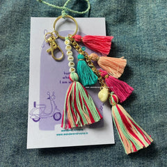 Personalised Pink & Mint Boho Bagcharm | Handmade Tassel Keychain