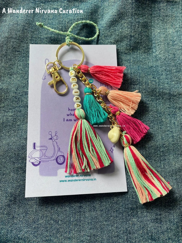 Personalised Pink & Mint Boho Bagcharm | Handmade Tassel Keychain